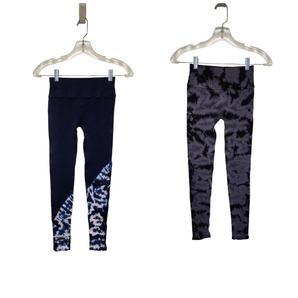 NUX Ribbed Tie Dye Leggings Navy and White V Back Size M